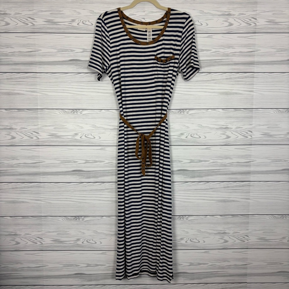 Chico’s Striped Navy Blue Belted Midi Dress Size Medium (1) NWT
